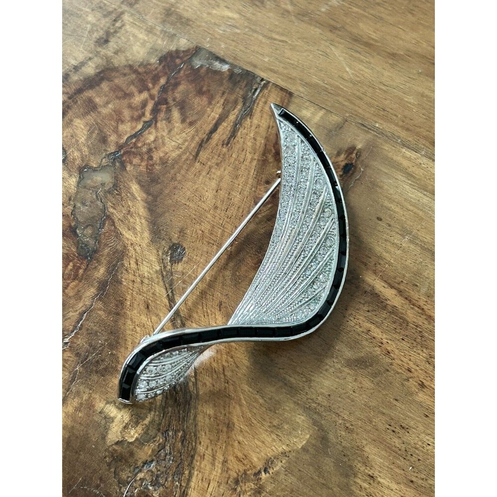 Vintage Signed CIRO Silver & Black Rhinestone Leaf Harp Pin Brooch 3”